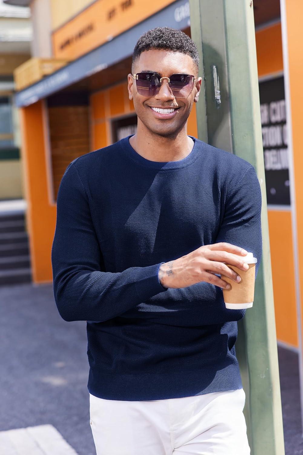 imageCOOFANDY Mens Crewneck Sweater Dress Long Sleeve Pullover Sweater Knit Lightweight SweatersNavy Blue