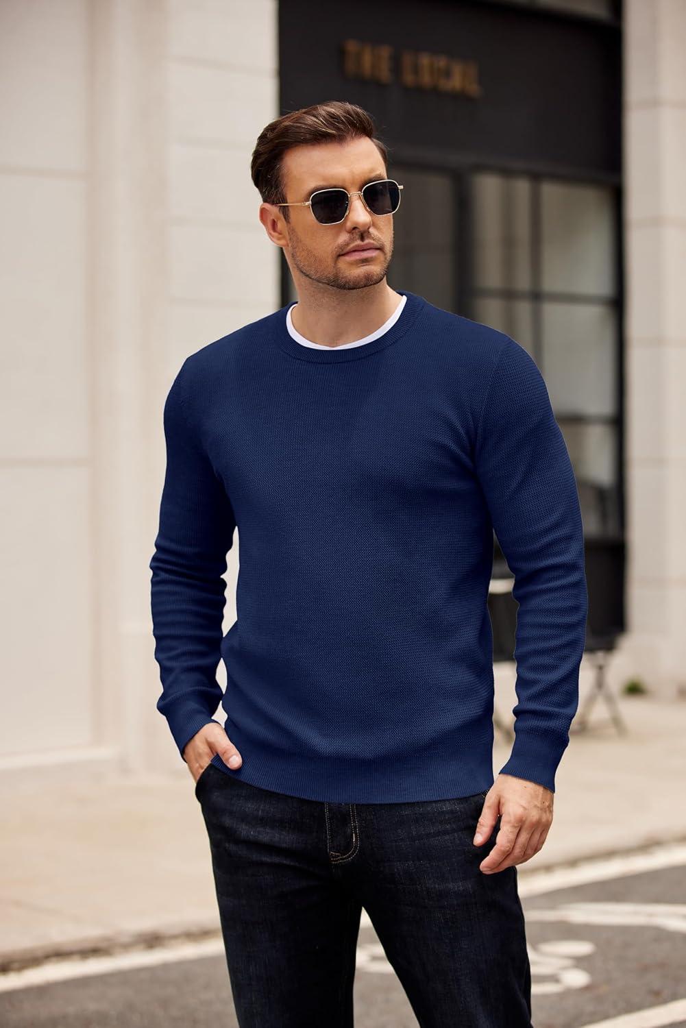 imageCOOFANDY Mens Crewneck Sweater Dress Long Sleeve Pullover Sweater Knit Lightweight SweatersNavy Blue
