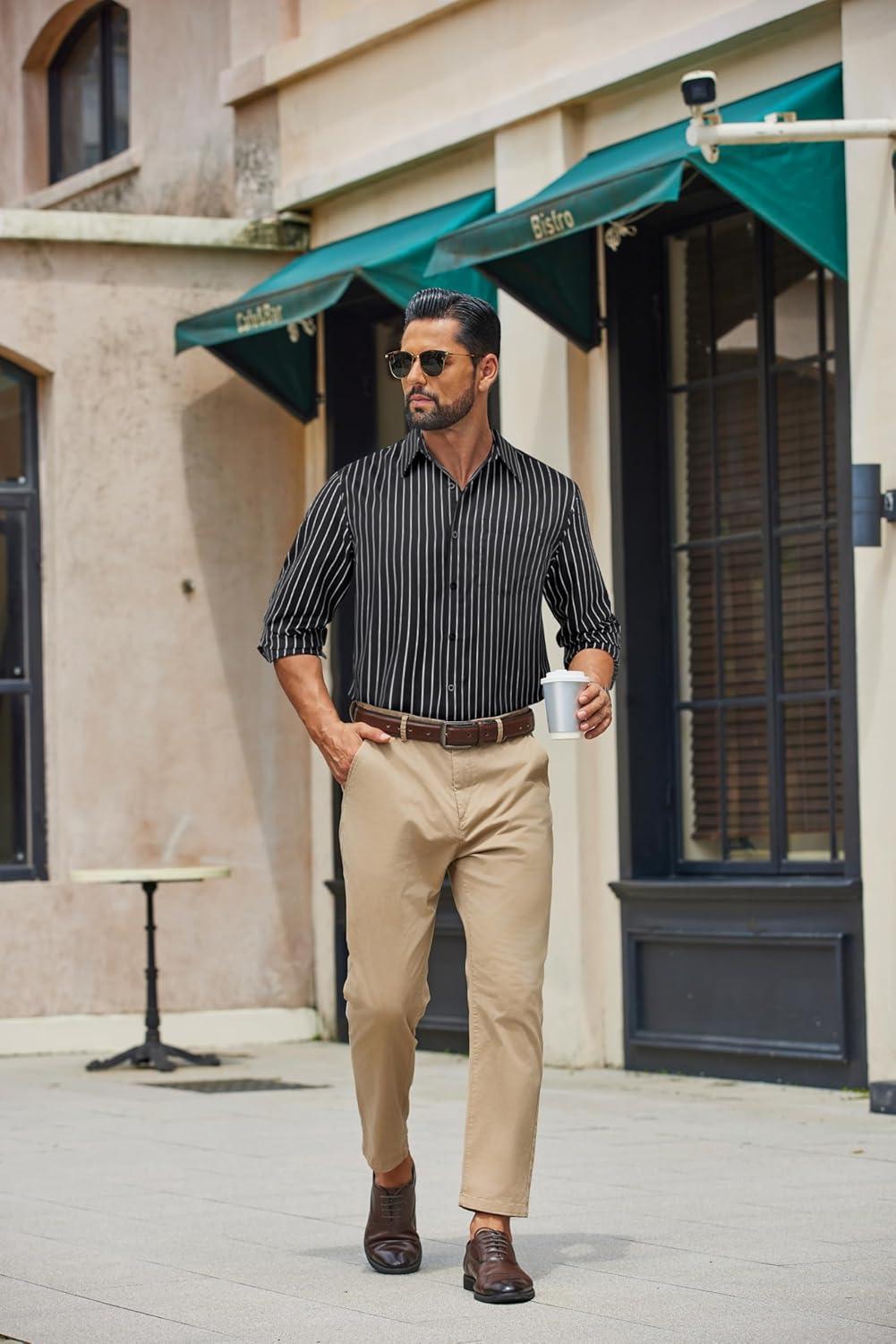 imageCOOFANDY Mens Dress Shirts Long Sleeve Plaid Button Down Shirt Business Casual Stretch Shirts with PocketBlack Stripe