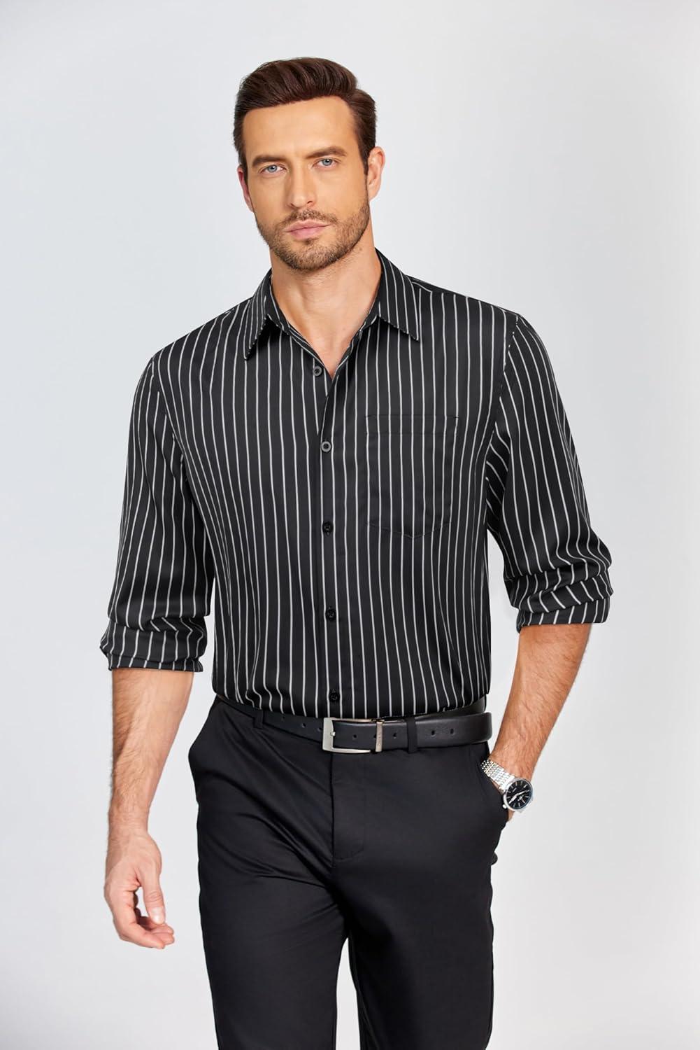 imageCOOFANDY Mens Dress Shirts Long Sleeve Plaid Button Down Shirt Business Casual Stretch Shirts with PocketBlack Stripe