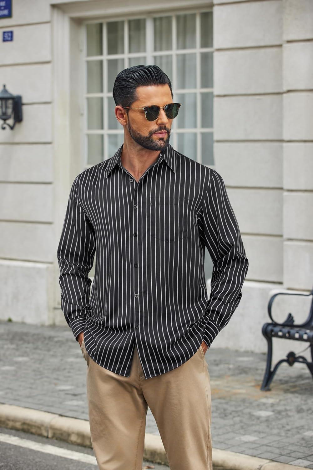 imageCOOFANDY Mens Dress Shirts Long Sleeve Plaid Button Down Shirt Business Casual Stretch Shirts with PocketBlack Stripe