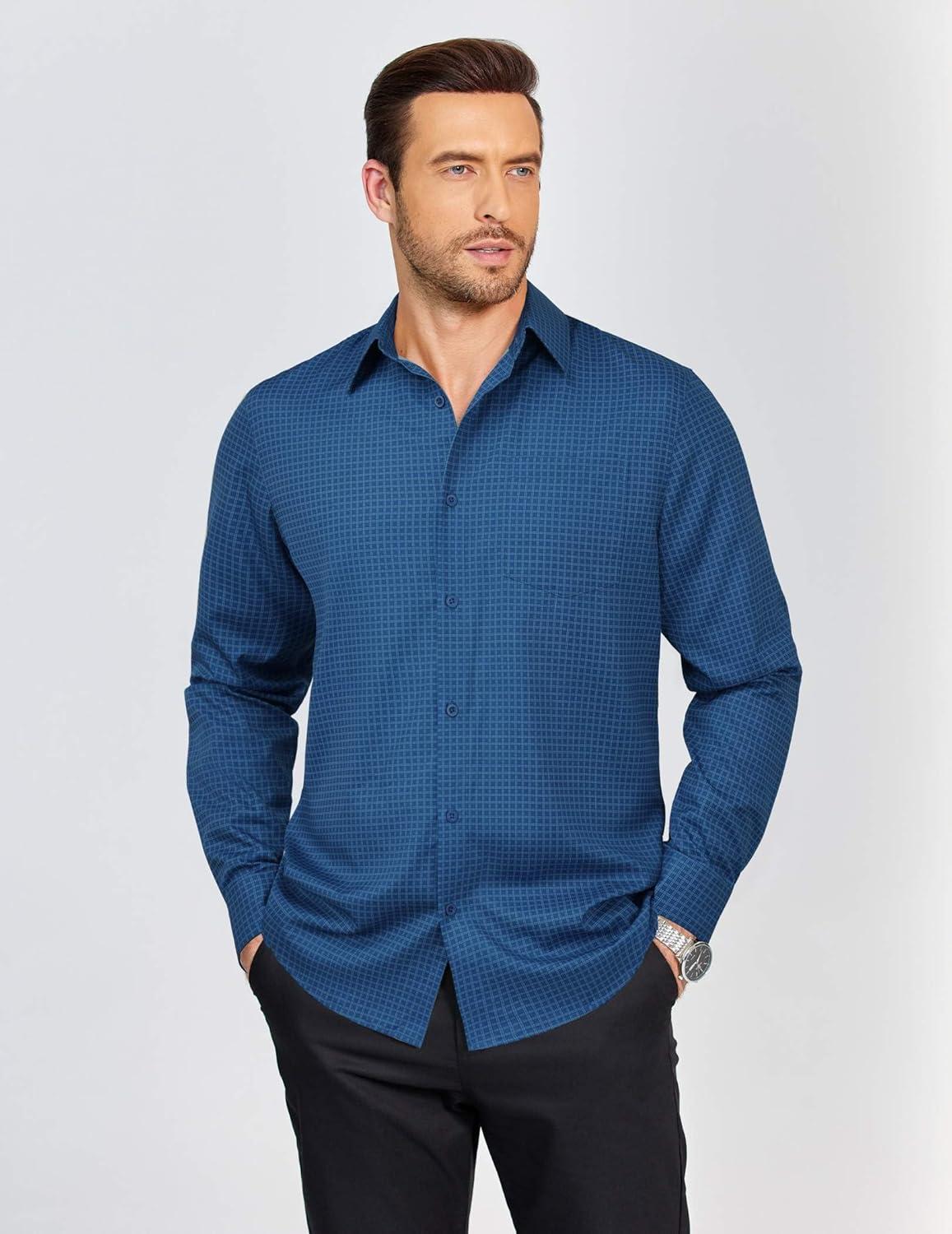 imageCOOFANDY Mens Dress Shirts Long Sleeve Plaid Button Down Shirt Business Casual Stretch Shirts with PocketDark Blue Plaid