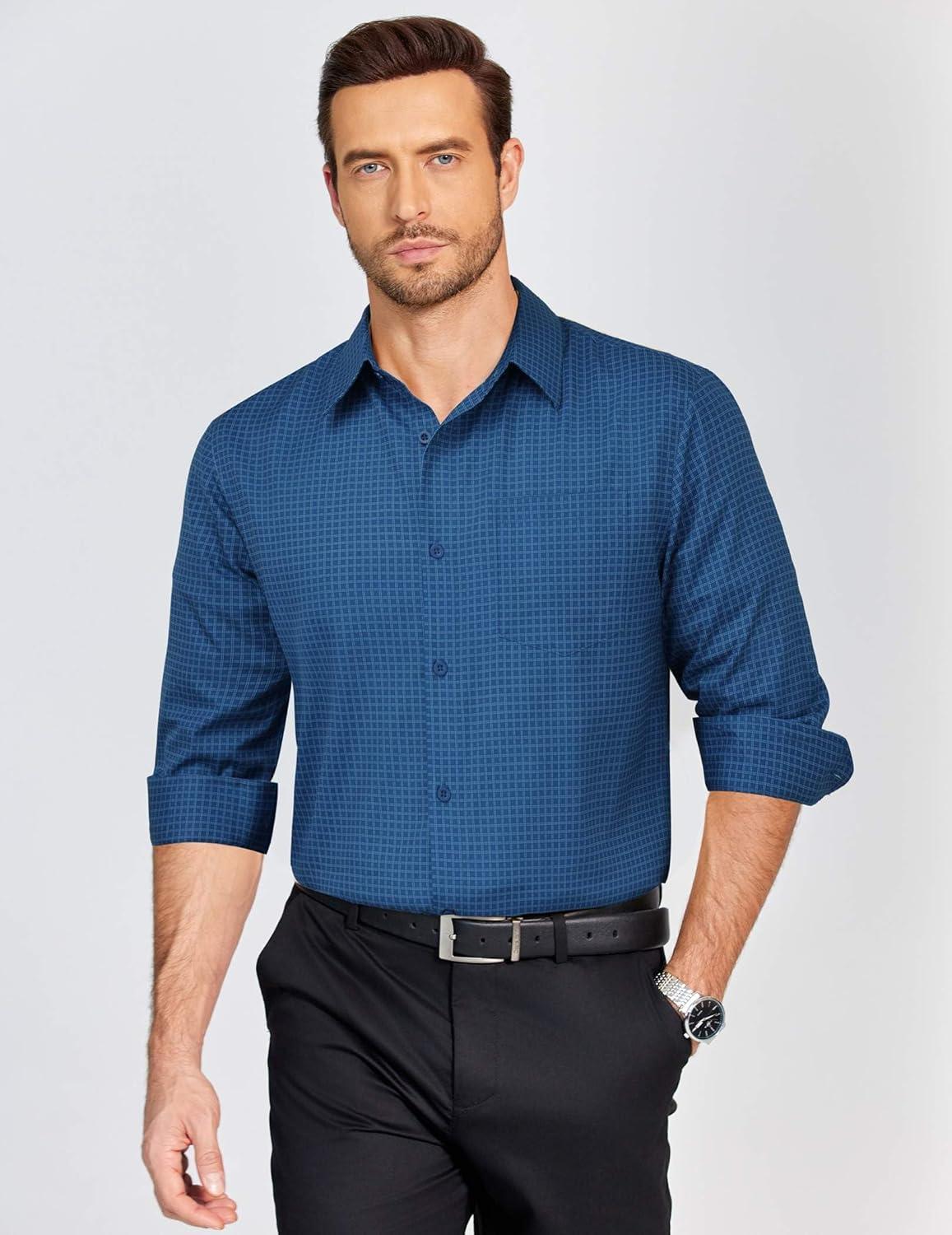 imageCOOFANDY Mens Dress Shirts Long Sleeve Plaid Button Down Shirt Business Casual Stretch Shirts with PocketDark Blue Plaid