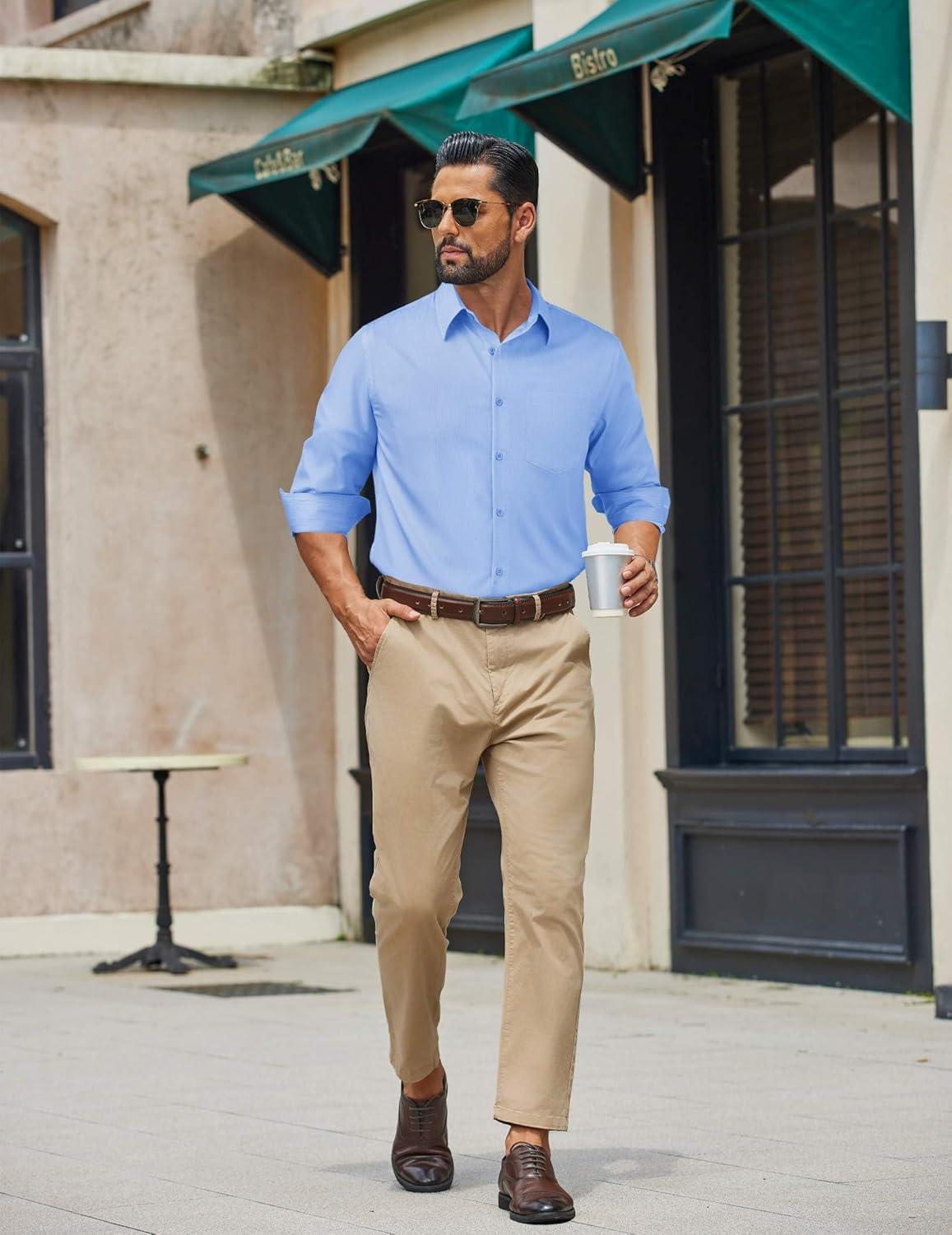 imageCOOFANDY Mens Dress Shirts Long Sleeve Plaid Button Down Shirt Business Casual Stretch Shirts with PocketLight Blue Plaid