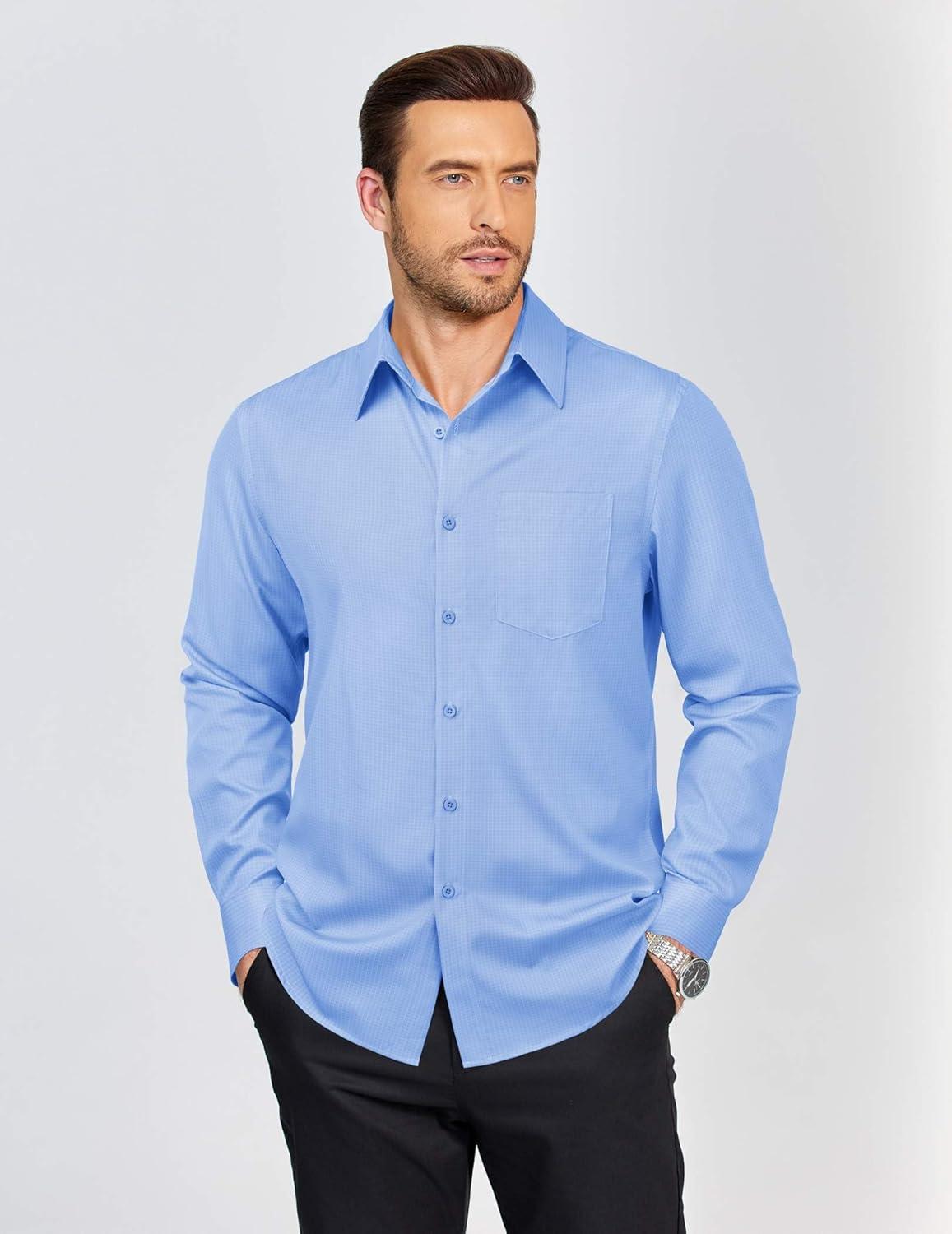 imageCOOFANDY Mens Dress Shirts Long Sleeve Plaid Button Down Shirt Business Casual Stretch Shirts with PocketLight Blue Plaid