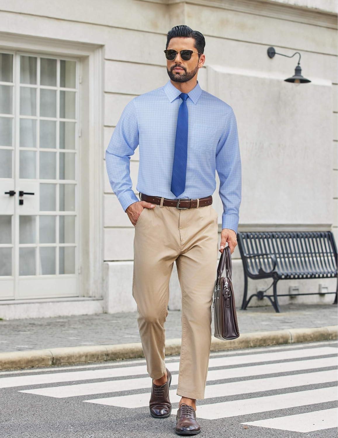 imageCOOFANDY Mens Dress Shirts Long Sleeve Plaid Button Down Shirt Business Casual Stretch Shirts with PocketLight Blue White Plaid