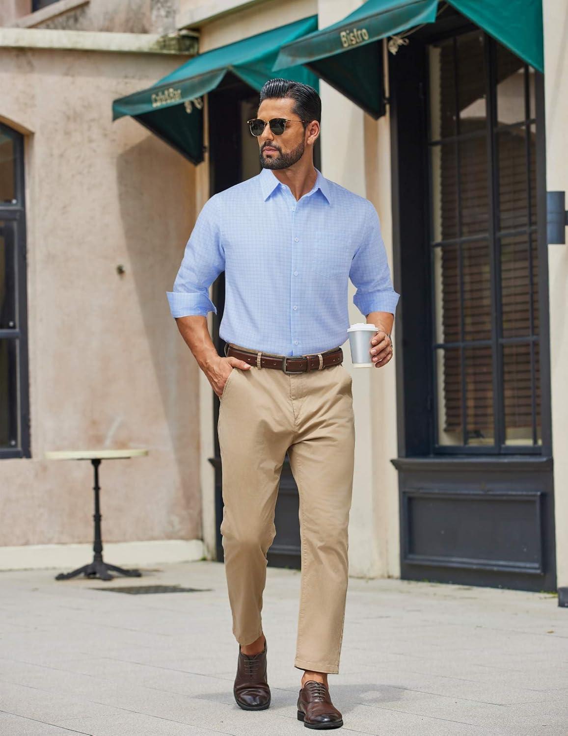 imageCOOFANDY Mens Dress Shirts Long Sleeve Plaid Button Down Shirt Business Casual Stretch Shirts with PocketLight Blue White Plaid