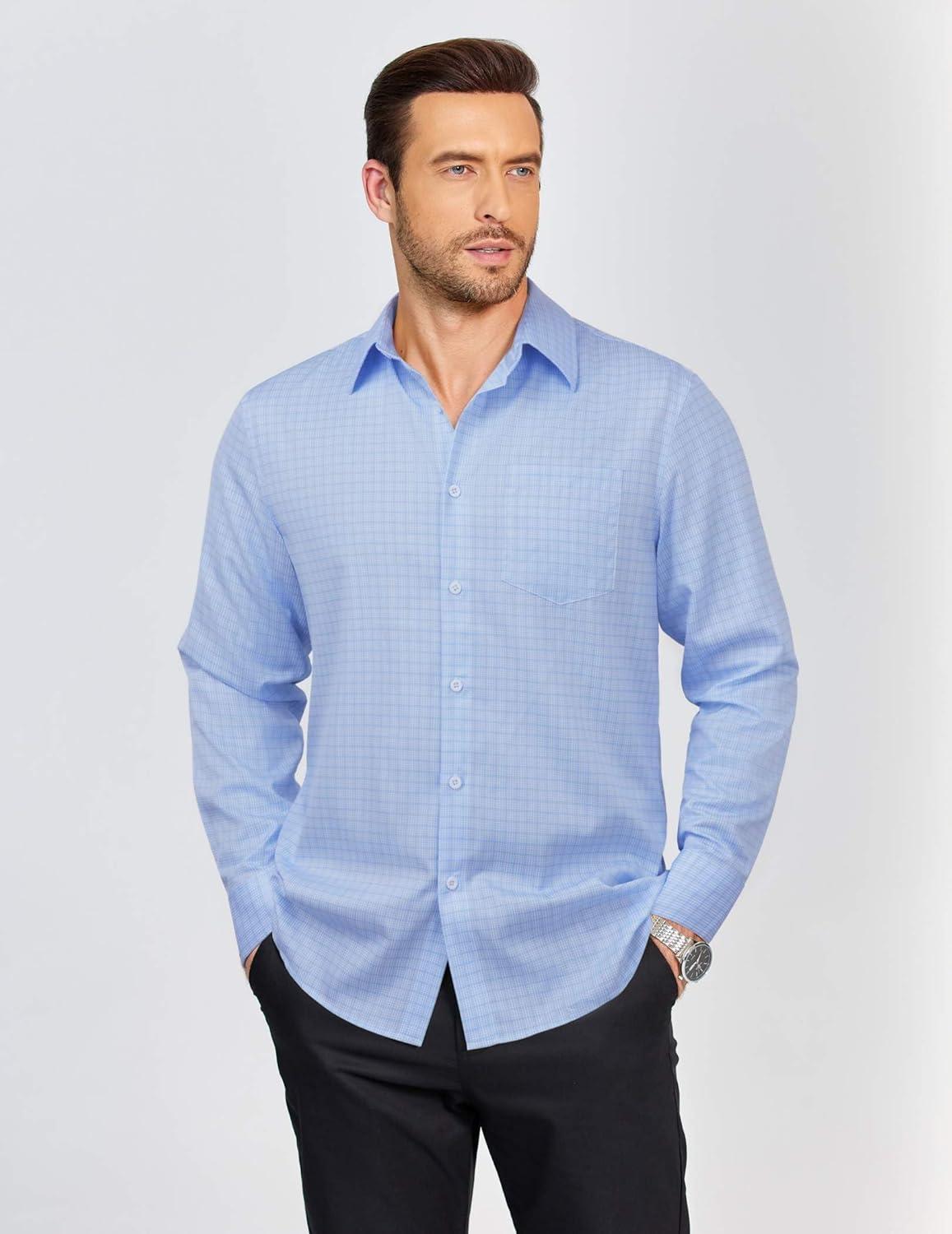 imageCOOFANDY Mens Dress Shirts Long Sleeve Plaid Button Down Shirt Business Casual Stretch Shirts with PocketLight Blue White Plaid