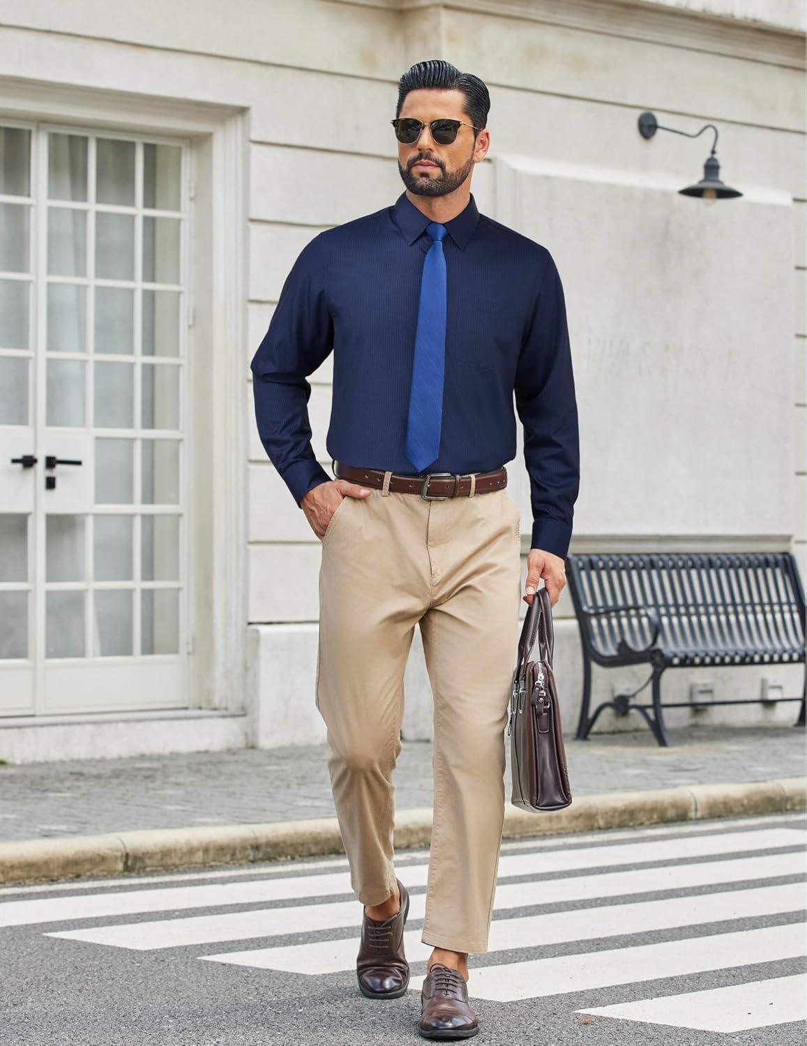 imageCOOFANDY Mens Dress Shirts Long Sleeve Plaid Button Down Shirt Business Casual Stretch Shirts with PocketNavy Blue Plaid