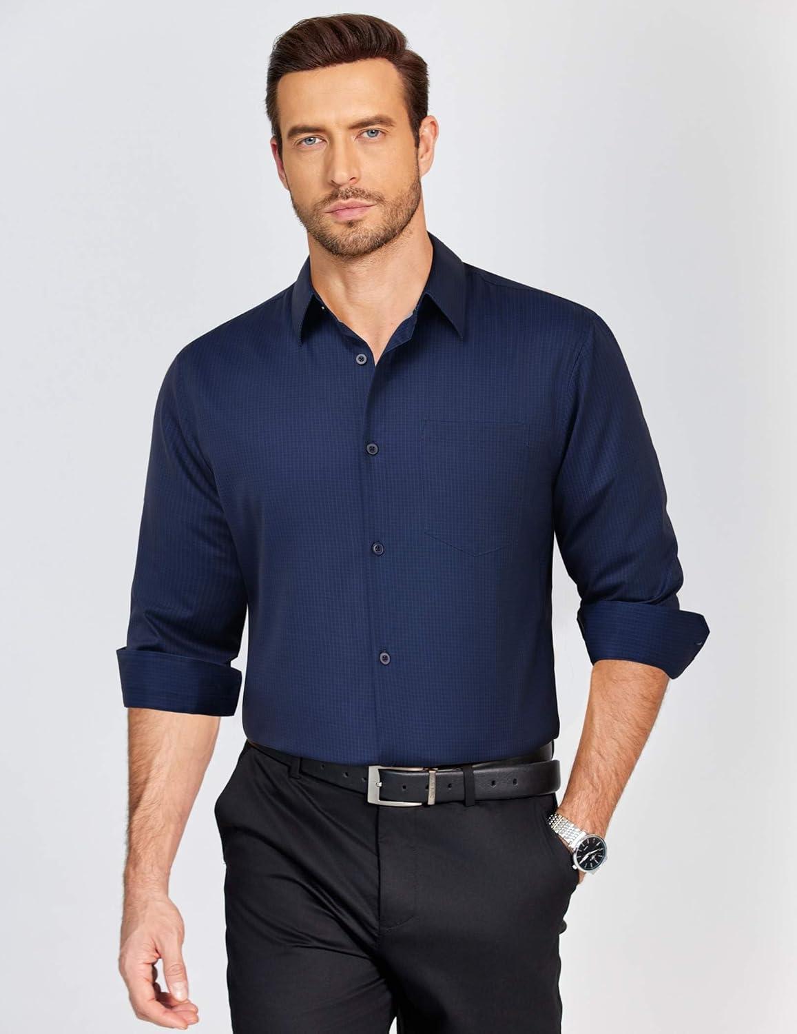 imageCOOFANDY Mens Dress Shirts Long Sleeve Plaid Button Down Shirt Business Casual Stretch Shirts with PocketNavy Blue Plaid