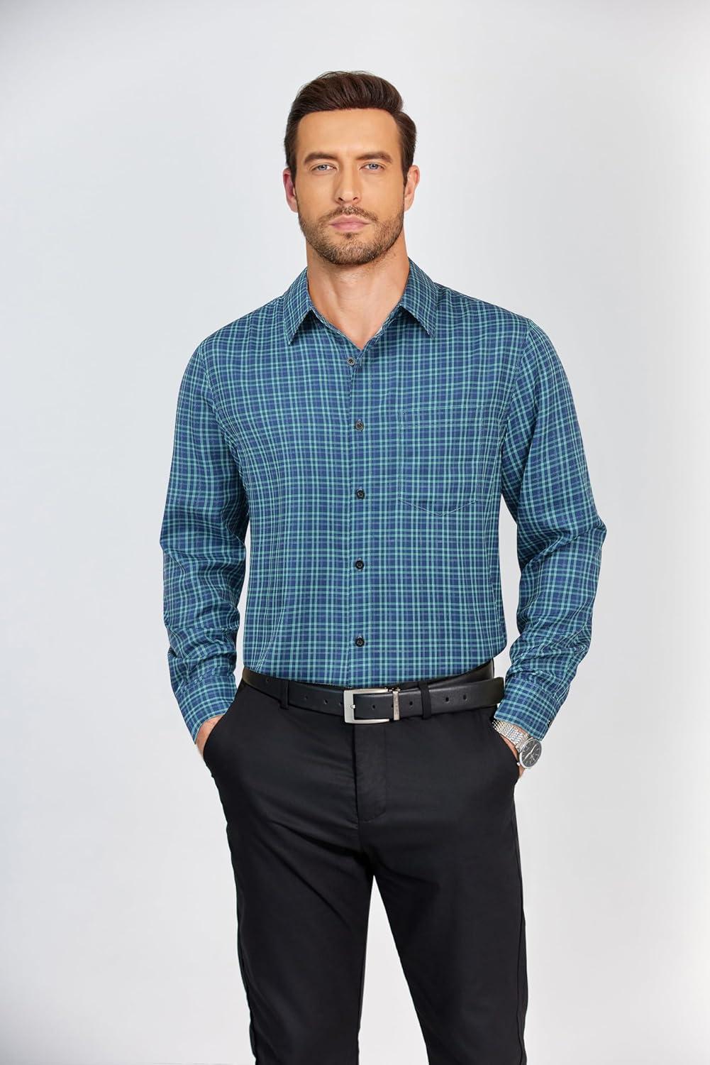 imageCOOFANDY Mens Dress Shirts Long Sleeve Plaid Button Down Shirt Business Casual Stretch Shirts with PocketNavy Green Plaid