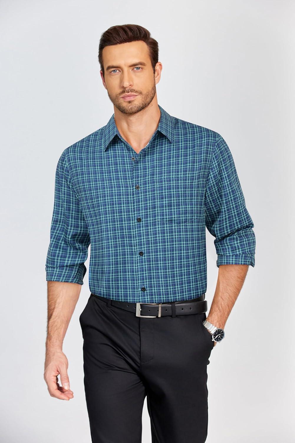 imageCOOFANDY Mens Dress Shirts Long Sleeve Plaid Button Down Shirt Business Casual Stretch Shirts with PocketNavy Green Plaid