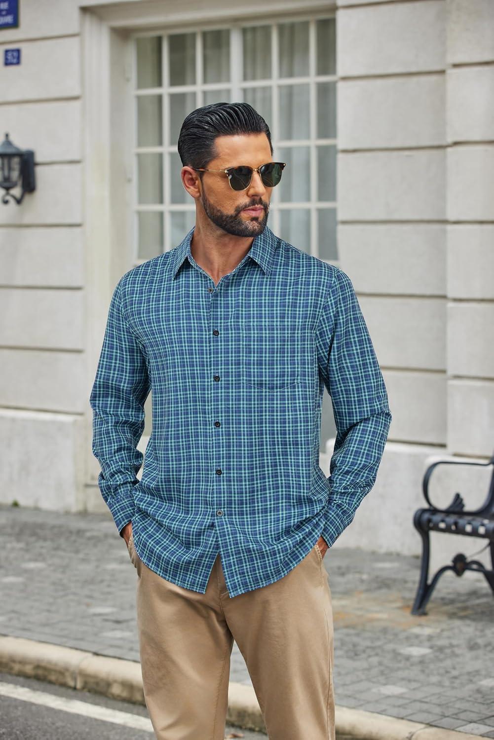 imageCOOFANDY Mens Dress Shirts Long Sleeve Plaid Button Down Shirt Business Casual Stretch Shirts with PocketNavy Green Plaid