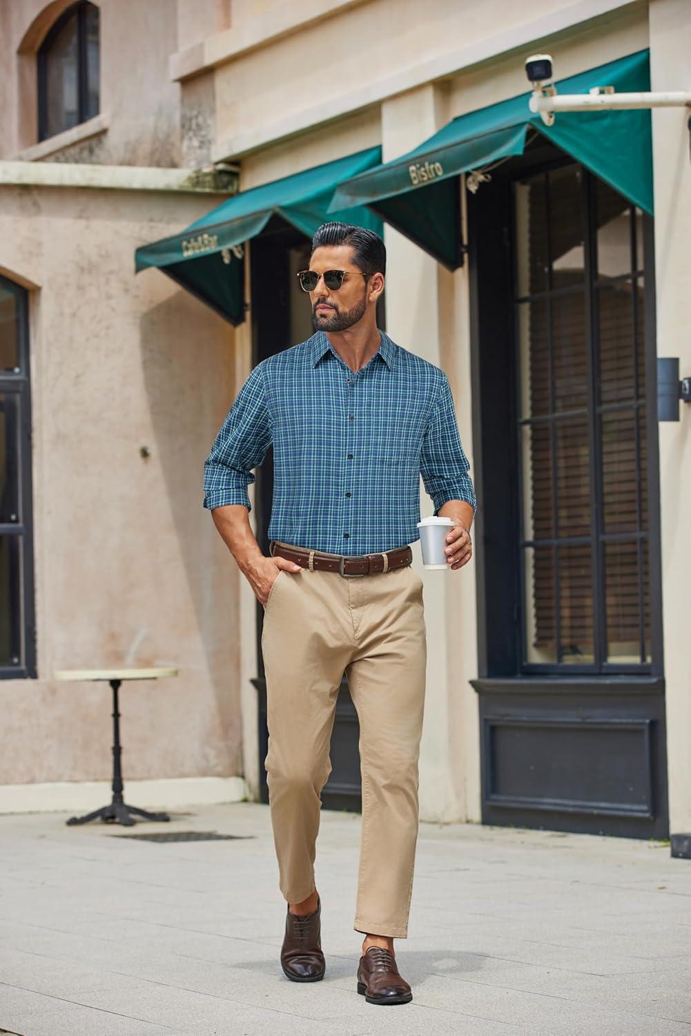 imageCOOFANDY Mens Dress Shirts Long Sleeve Plaid Button Down Shirt Business Casual Stretch Shirts with PocketNavy Green Plaid