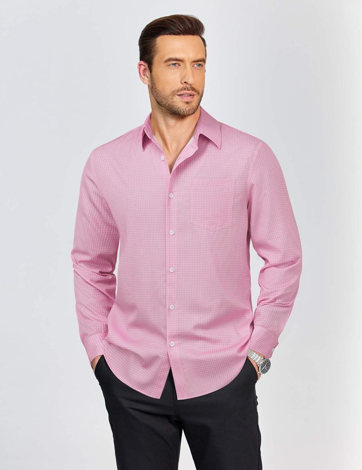 imageCOOFANDY Mens Dress Shirts Long Sleeve Plaid Button Down Shirt Business Casual Stretch Shirts with PocketPink Plaid