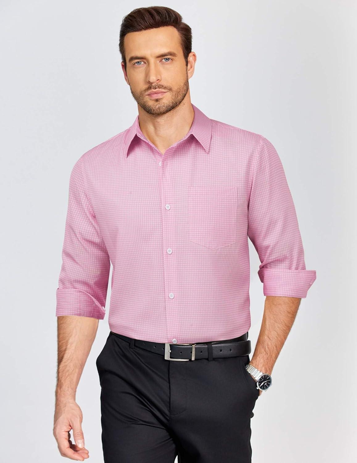 imageCOOFANDY Mens Dress Shirts Long Sleeve Plaid Button Down Shirt Business Casual Stretch Shirts with PocketPink Plaid