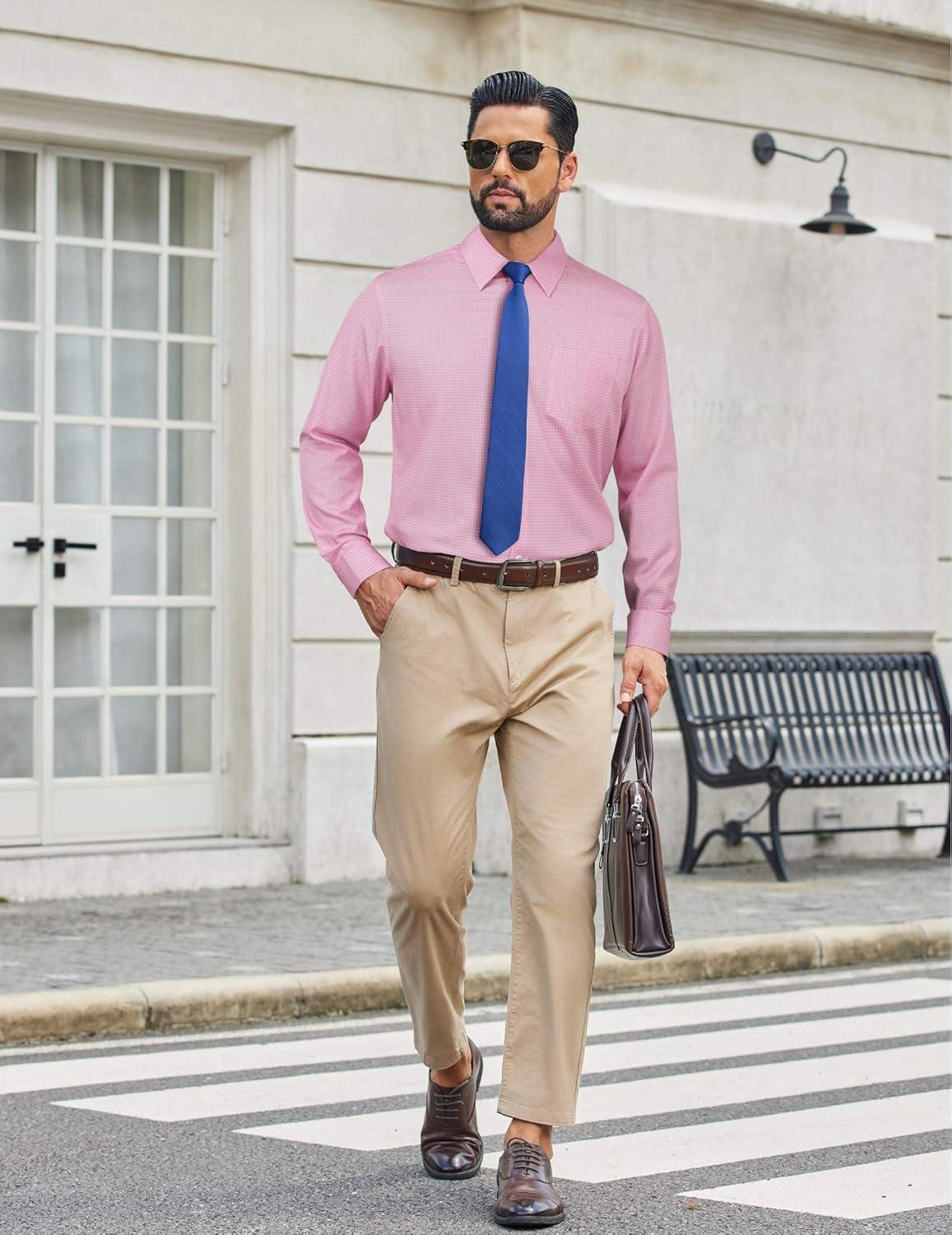 imageCOOFANDY Mens Dress Shirts Long Sleeve Plaid Button Down Shirt Business Casual Stretch Shirts with PocketPink Plaid