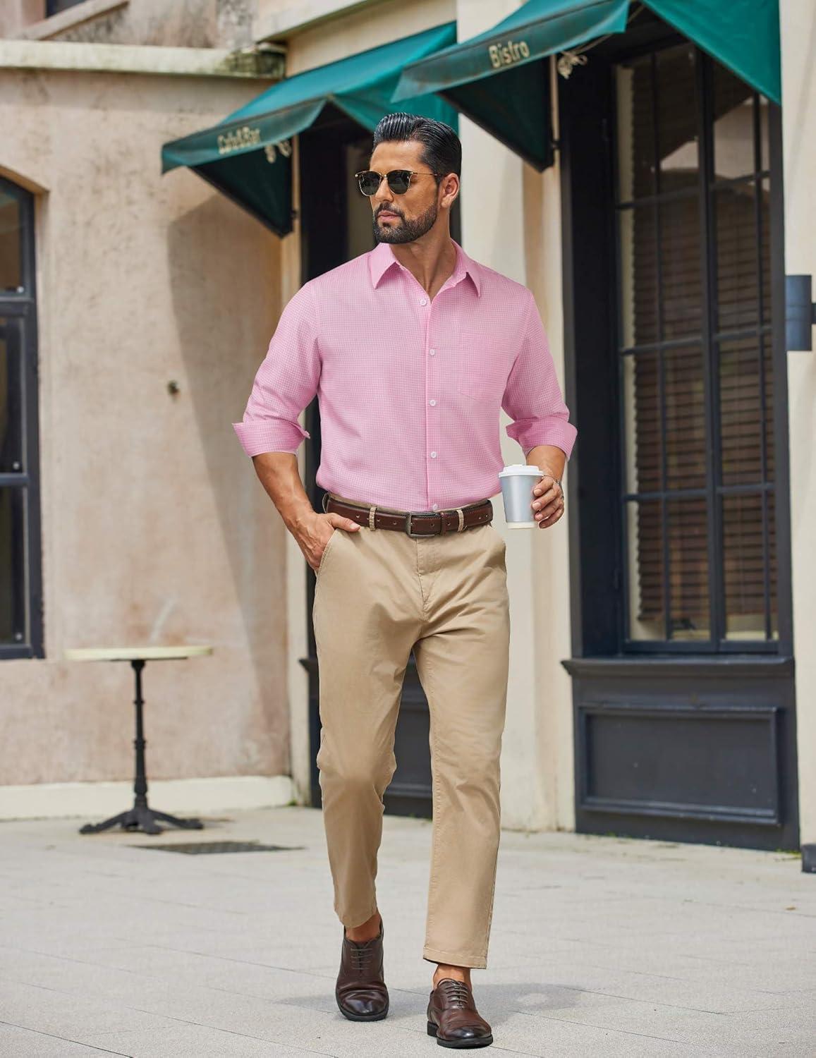 imageCOOFANDY Mens Dress Shirts Long Sleeve Plaid Button Down Shirt Business Casual Stretch Shirts with PocketPink Plaid