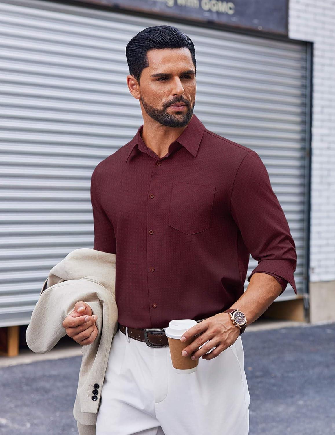 imageCOOFANDY Mens Dress Shirts Long Sleeve Plaid Button Down Shirt Business Casual Stretch Shirts with PocketRed Black Plaid