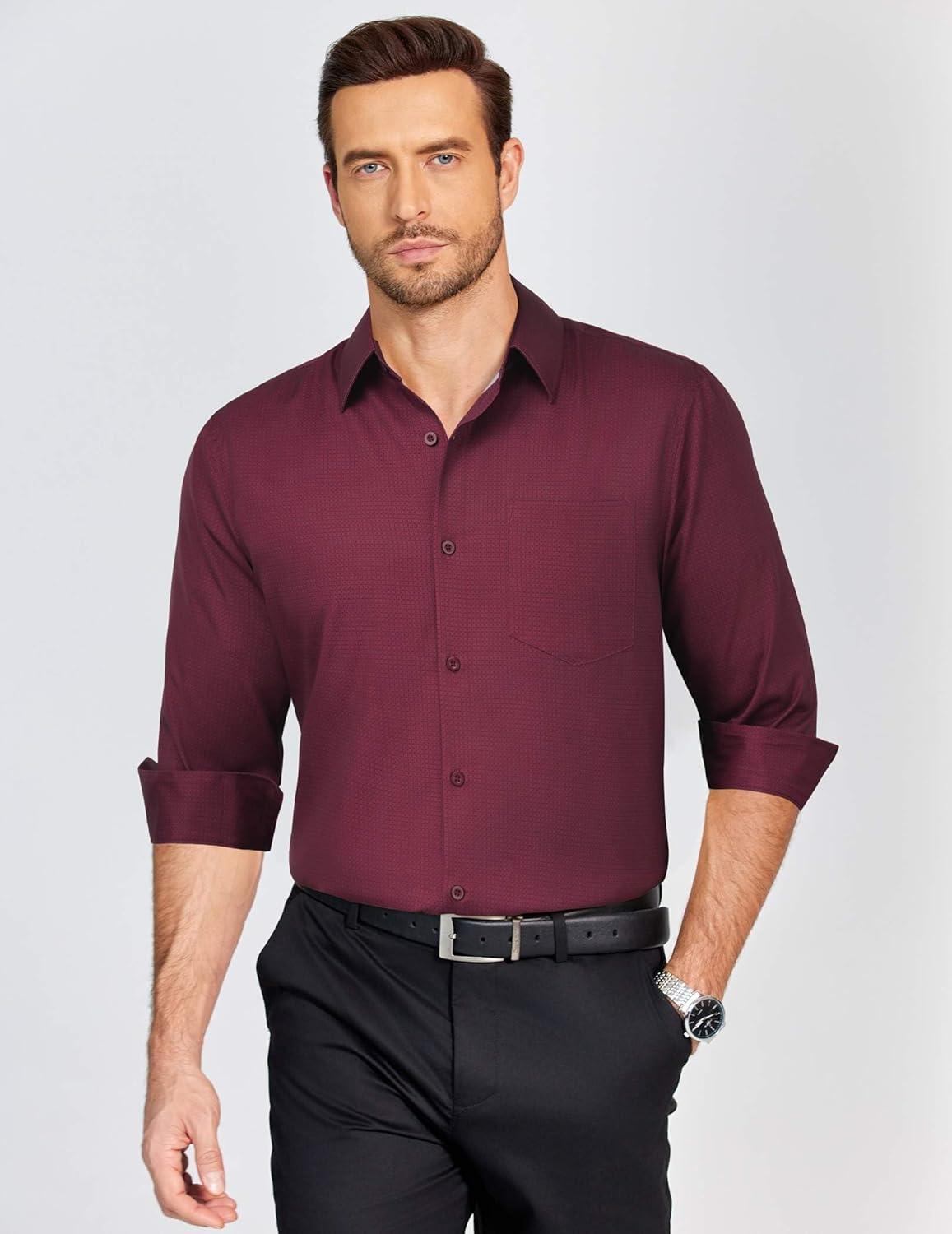 imageCOOFANDY Mens Dress Shirts Long Sleeve Plaid Button Down Shirt Business Casual Stretch Shirts with PocketRed Black Plaid