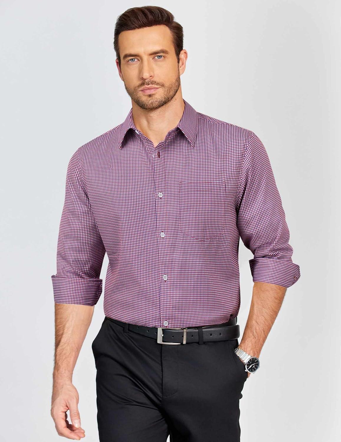 imageCOOFANDY Mens Dress Shirts Long Sleeve Plaid Button Down Shirt Business Casual Stretch Shirts with PocketRed Blue Plaid