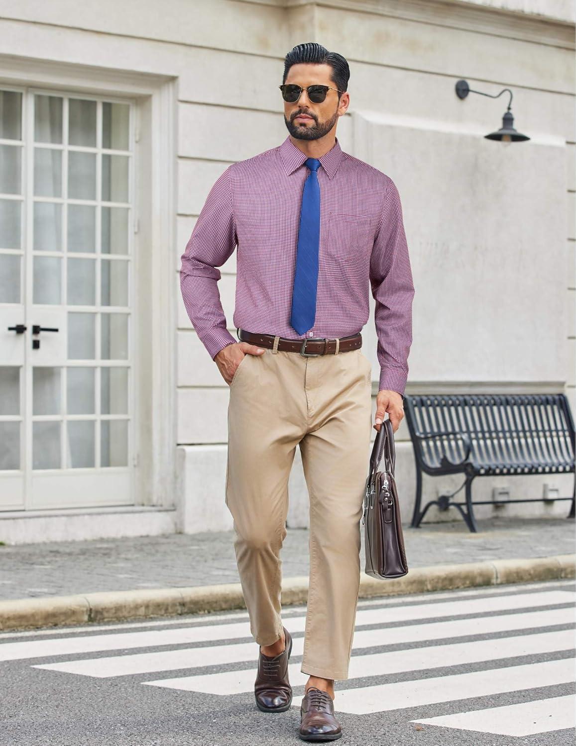 imageCOOFANDY Mens Dress Shirts Long Sleeve Plaid Button Down Shirt Business Casual Stretch Shirts with PocketRed Blue Plaid