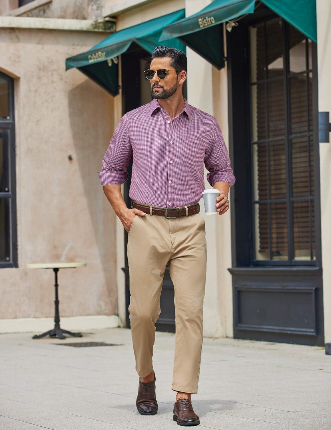 imageCOOFANDY Mens Dress Shirts Long Sleeve Plaid Button Down Shirt Business Casual Stretch Shirts with PocketRed Blue Plaid