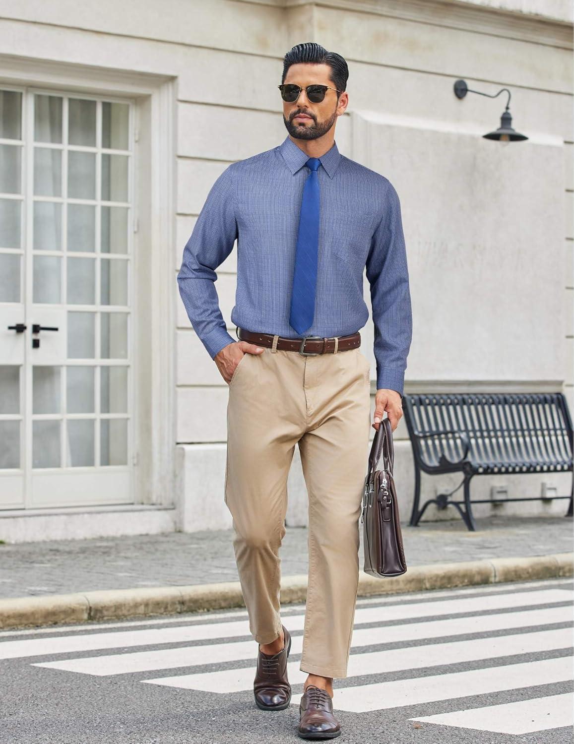 imageCOOFANDY Mens Dress Shirts Long Sleeve Plaid Button Down Shirt Business Casual Stretch Shirts with PocketWhite Navy Plaid