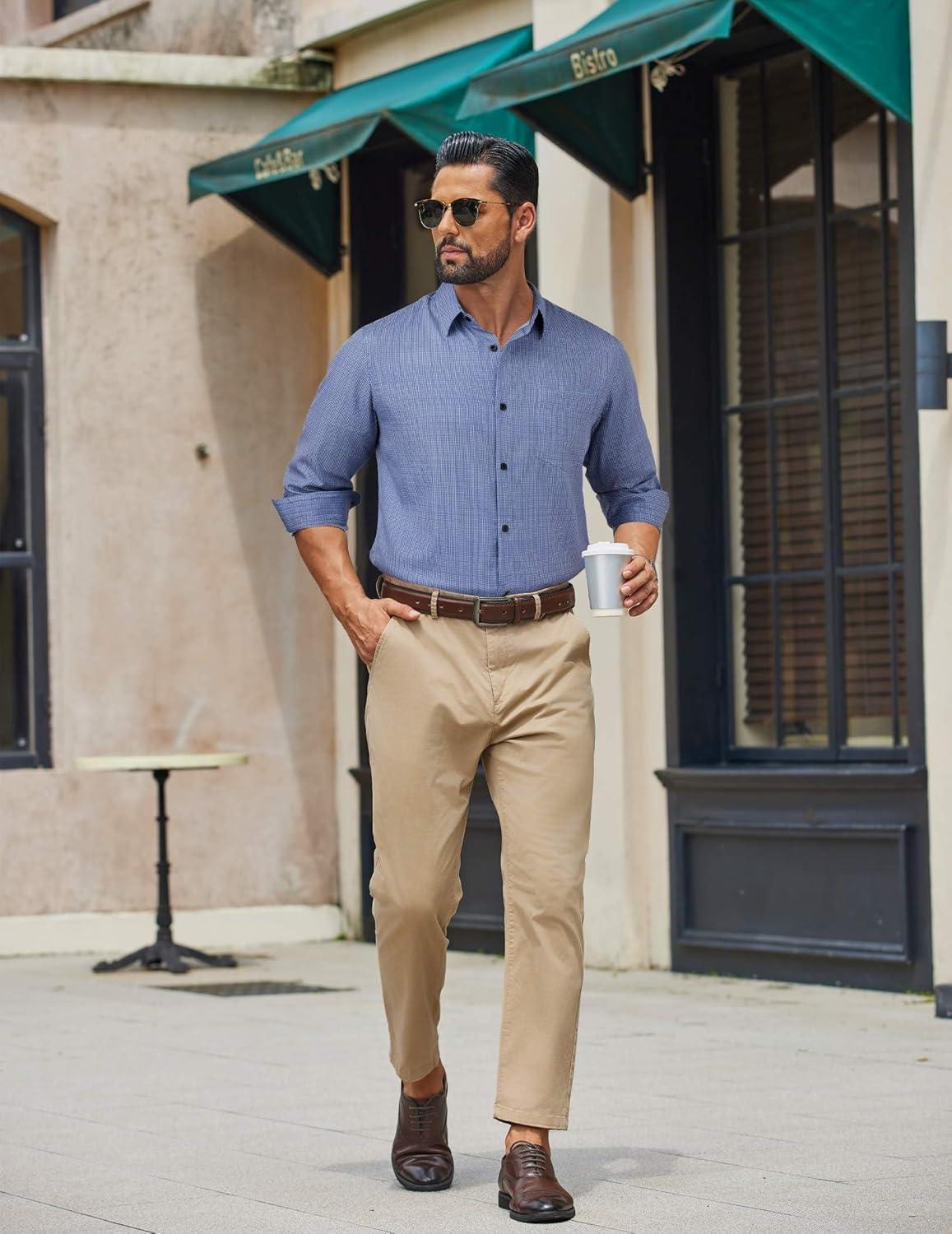 imageCOOFANDY Mens Dress Shirts Long Sleeve Plaid Button Down Shirt Business Casual Stretch Shirts with PocketWhite Navy Plaid