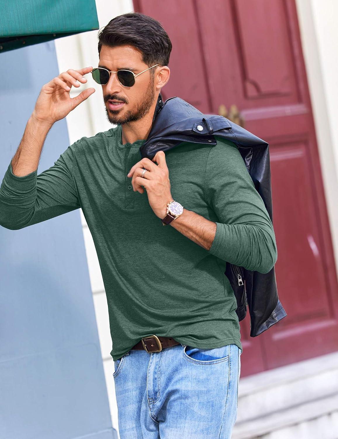 imageCOOFANDY Mens Henley Shirts Long Sleeve TShirt Lightweight Fashion Casual Pullover Tee ShirtGreen