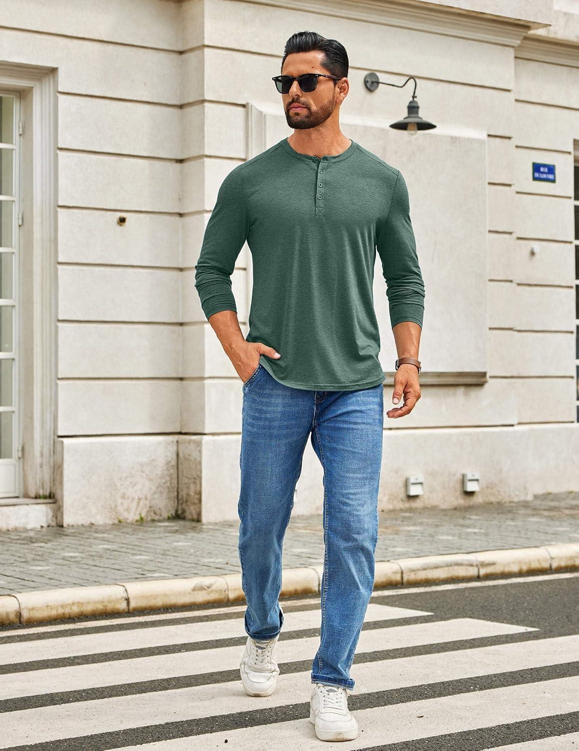 imageCOOFANDY Mens Henley Shirts Long Sleeve TShirt Lightweight Fashion Casual Pullover Tee ShirtGreen