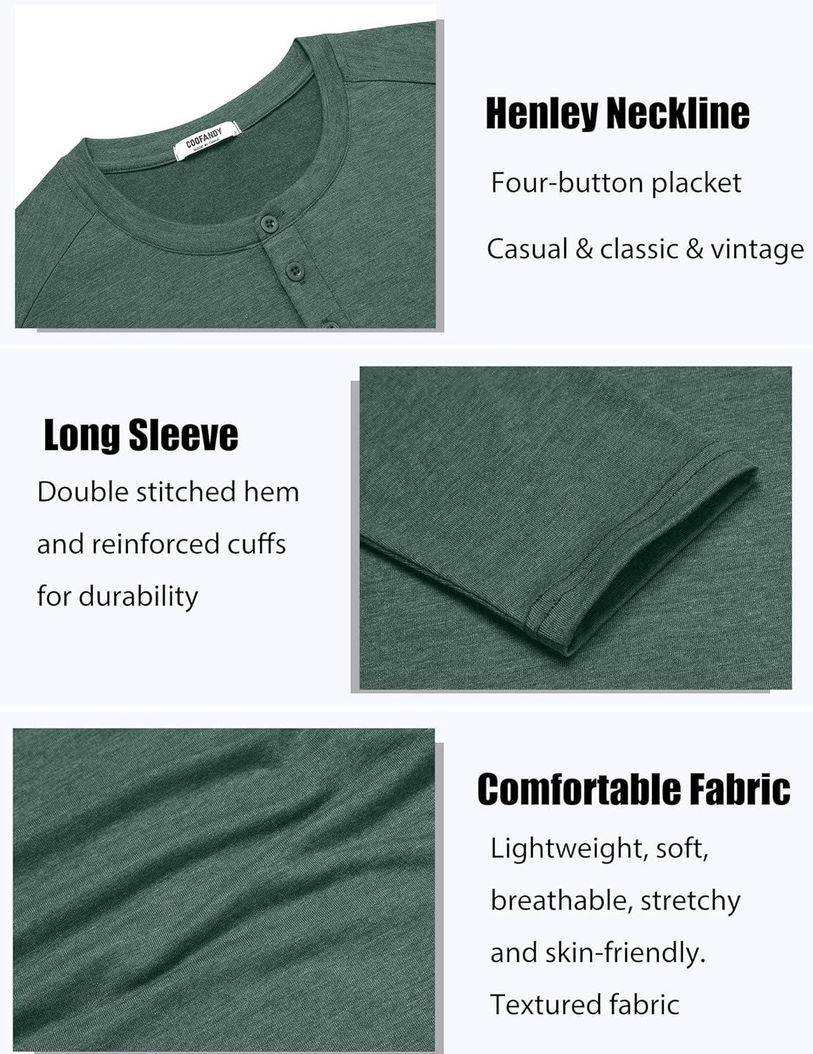 imageCOOFANDY Mens Henley Shirts Long Sleeve TShirt Lightweight Fashion Casual Pullover Tee ShirtGreen