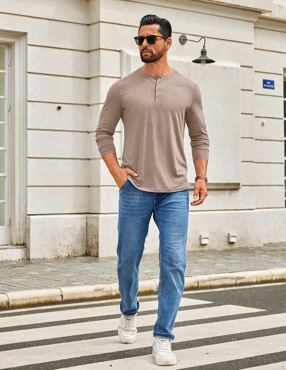 imageCOOFANDY Mens Henley Shirts Long Sleeve TShirt Lightweight Fashion Casual Pullover Tee ShirtKhaki