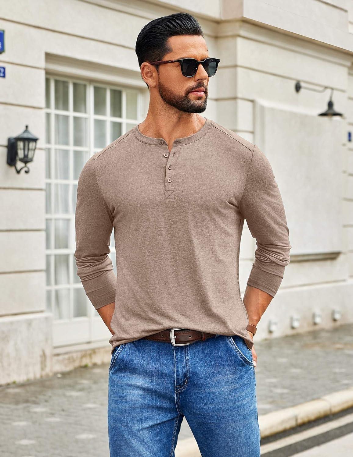 imageCOOFANDY Mens Henley Shirts Long Sleeve TShirt Lightweight Fashion Casual Pullover Tee ShirtKhaki