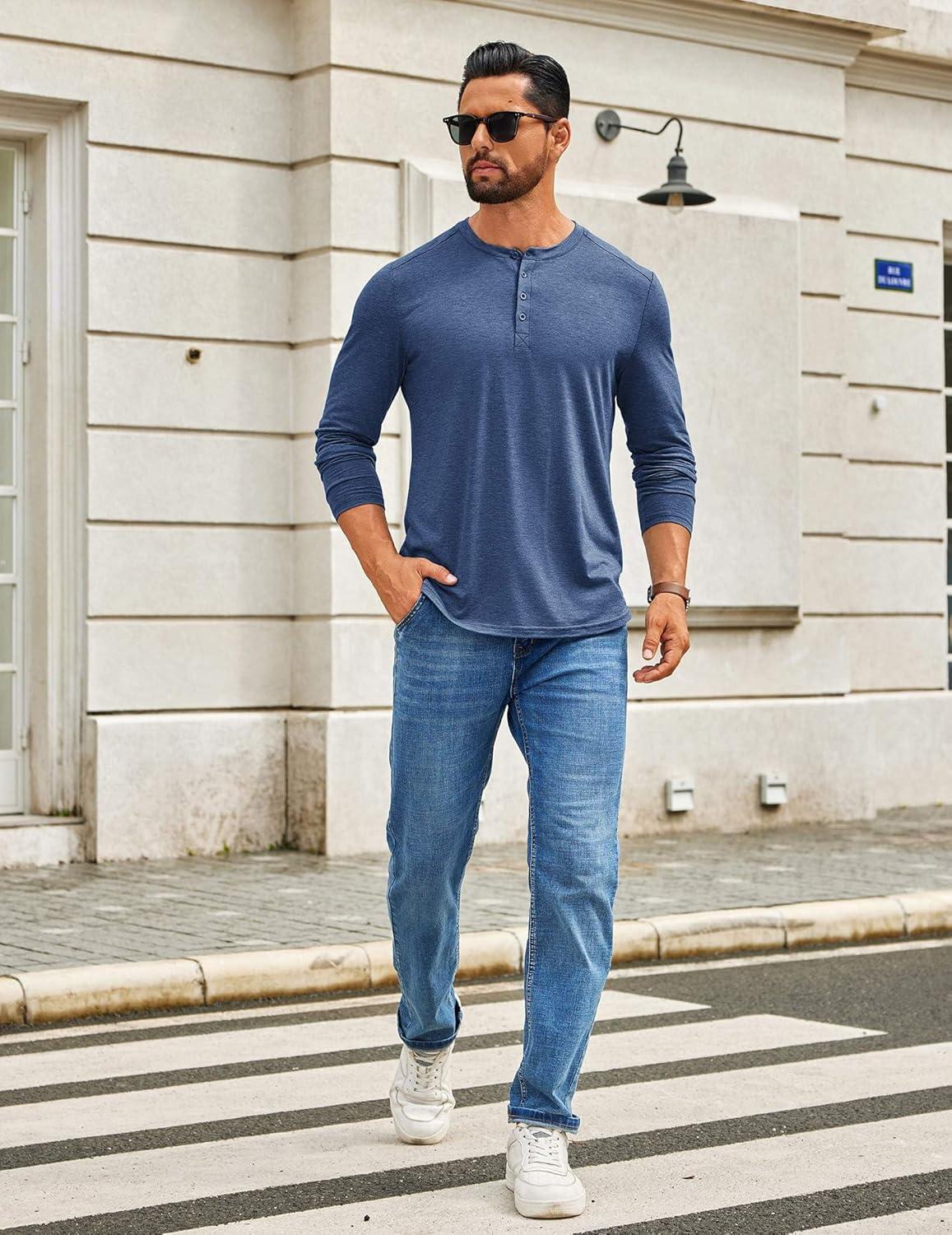 imageCOOFANDY Mens Henley Shirts Long Sleeve TShirt Lightweight Fashion Casual Pullover Tee ShirtNavy