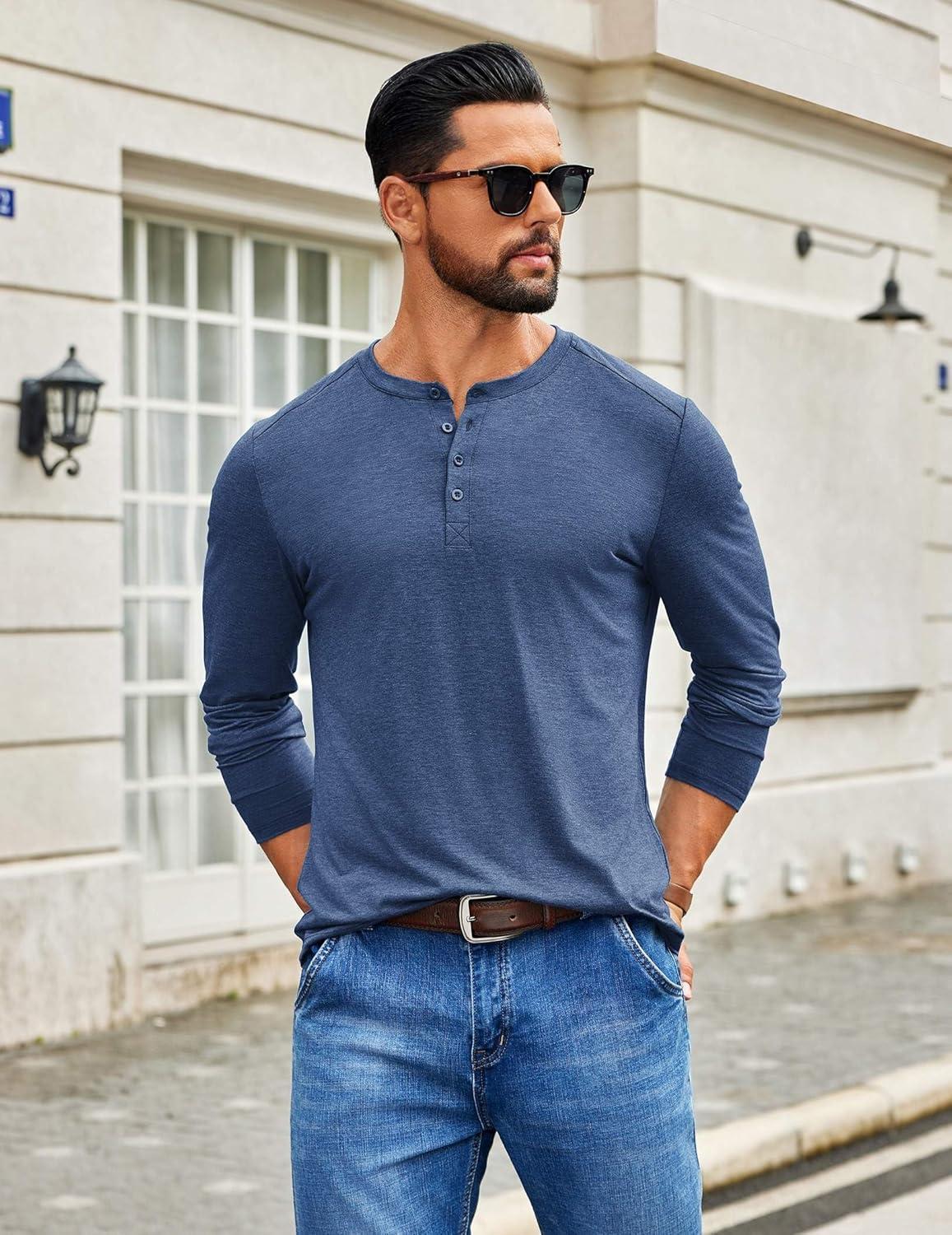 imageCOOFANDY Mens Henley Shirts Long Sleeve TShirt Lightweight Fashion Casual Pullover Tee ShirtNavy