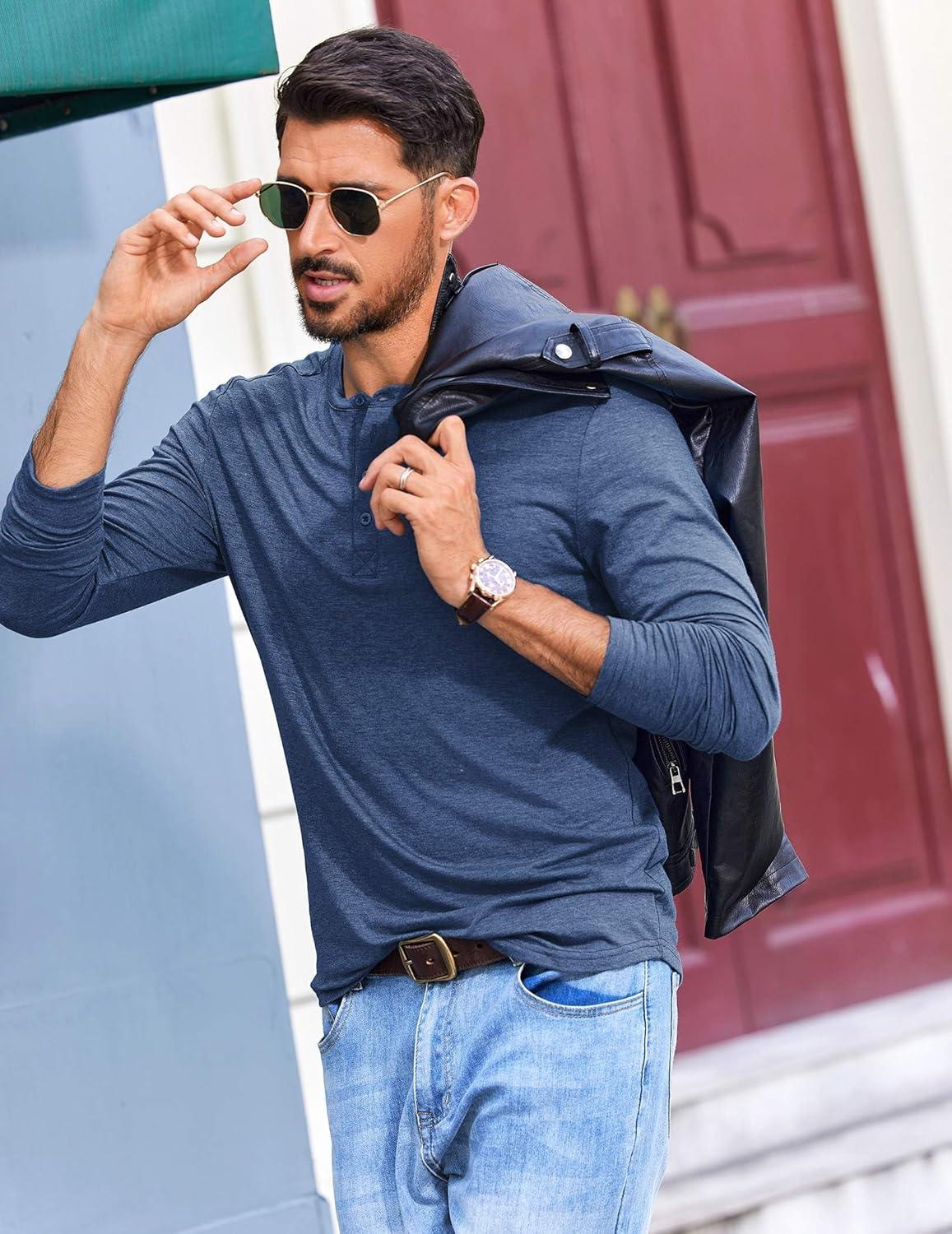 imageCOOFANDY Mens Henley Shirts Long Sleeve TShirt Lightweight Fashion Casual Pullover Tee ShirtNavy