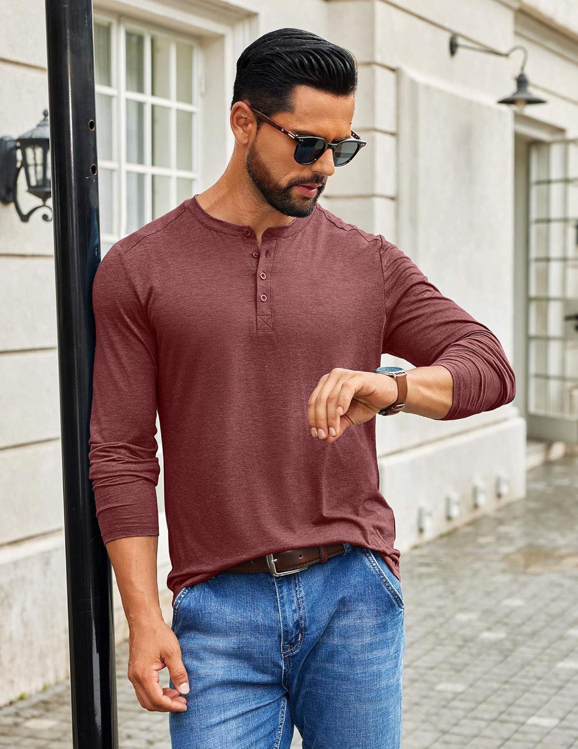 imageCOOFANDY Mens Henley Shirts Long Sleeve TShirt Lightweight Fashion Casual Pullover Tee ShirtWine Red