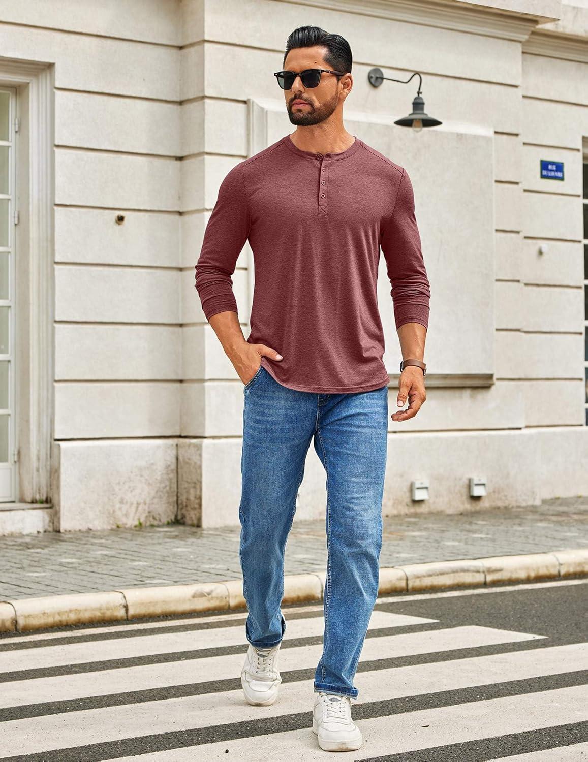 imageCOOFANDY Mens Henley Shirts Long Sleeve TShirt Lightweight Fashion Casual Pullover Tee ShirtWine Red