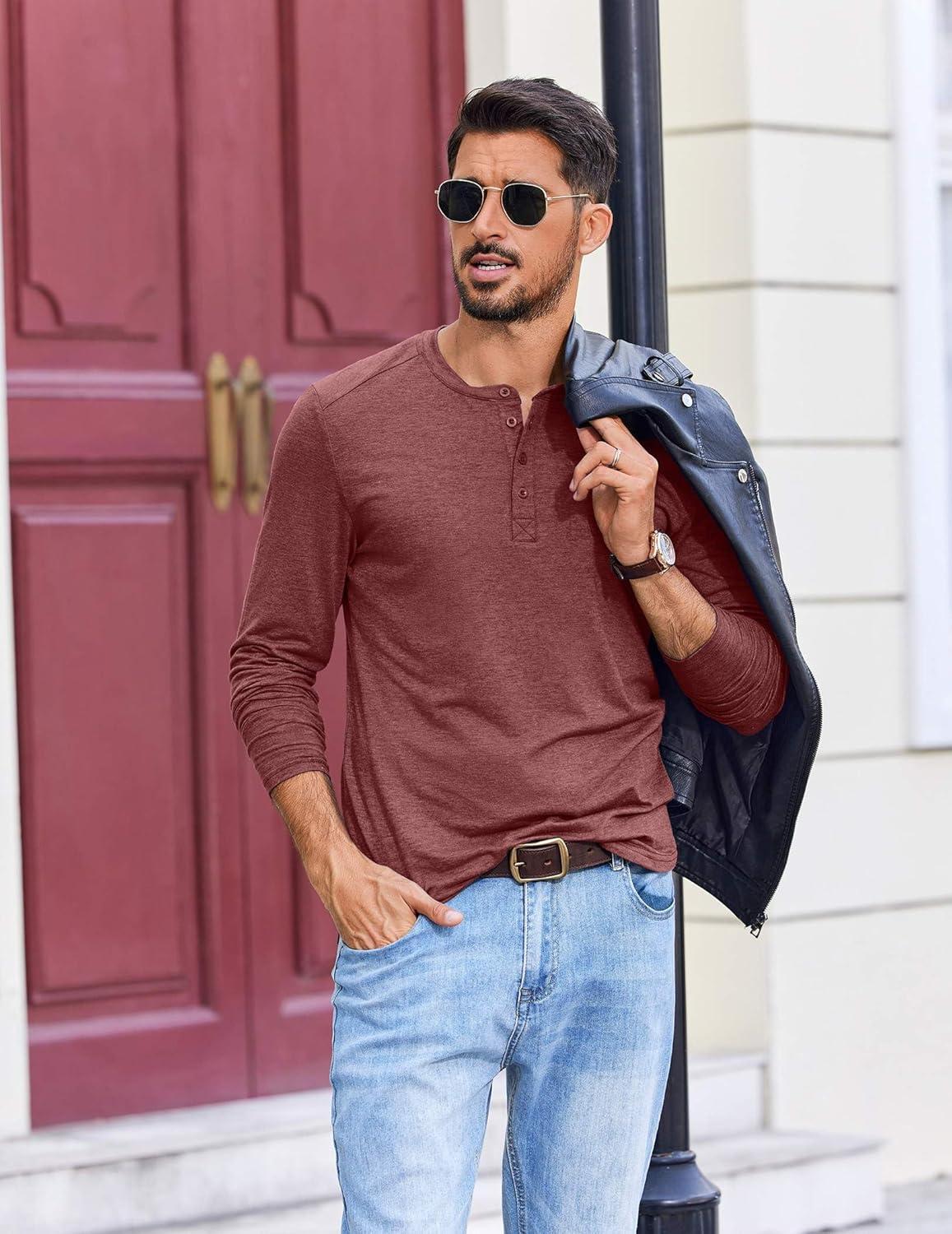imageCOOFANDY Mens Henley Shirts Long Sleeve TShirt Lightweight Fashion Casual Pullover Tee ShirtWine Red