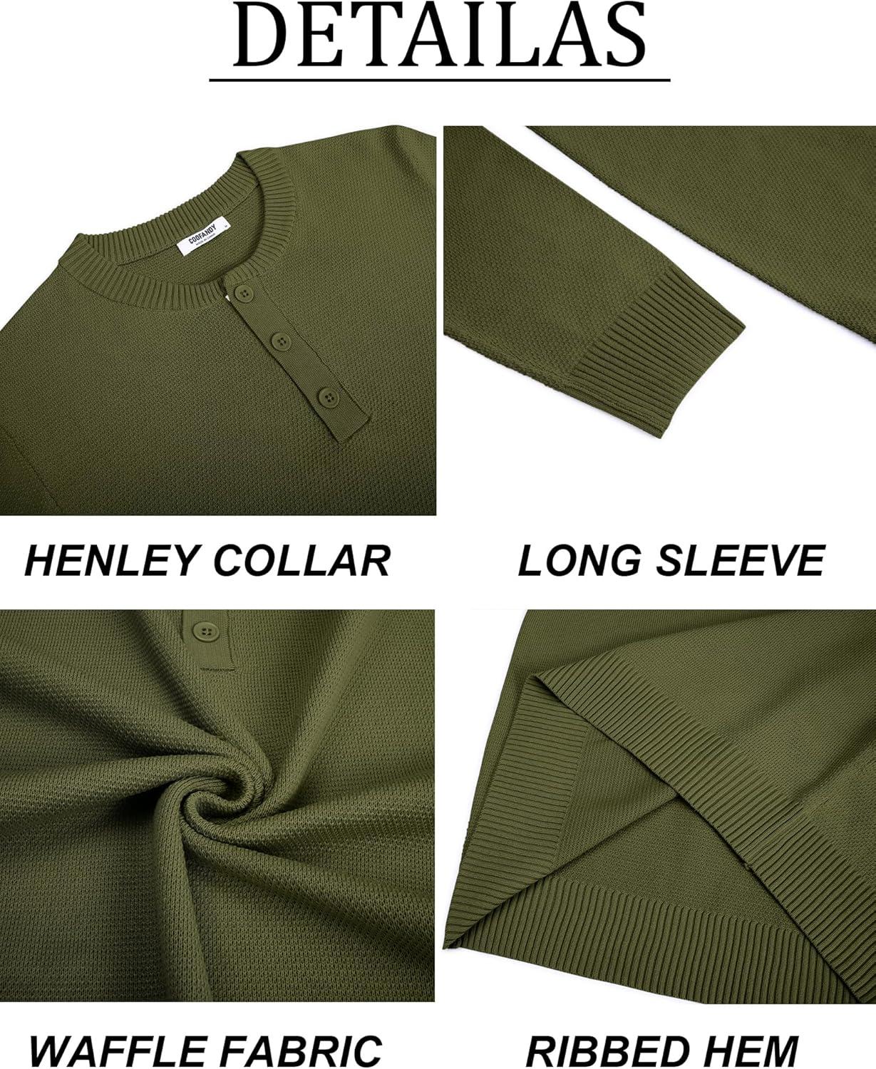 imageCOOFANDY Mens Henley Sweater Long Sleeve Textured Pullover Sweaters Casual Button Crewneck Knit SweaterArmy Green