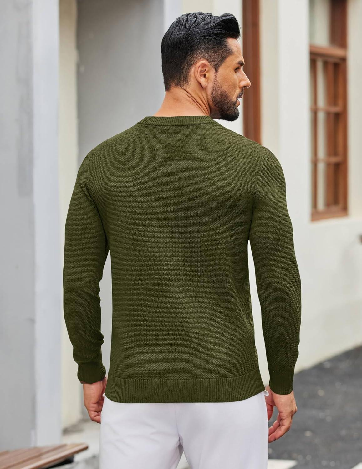 imageCOOFANDY Mens Henley Sweater Long Sleeve Textured Pullover Sweaters Casual Button Crewneck Knit SweaterArmy Green