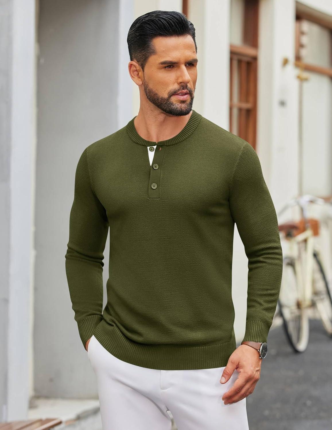 imageCOOFANDY Mens Henley Sweater Long Sleeve Textured Pullover Sweaters Casual Button Crewneck Knit SweaterArmy Green
