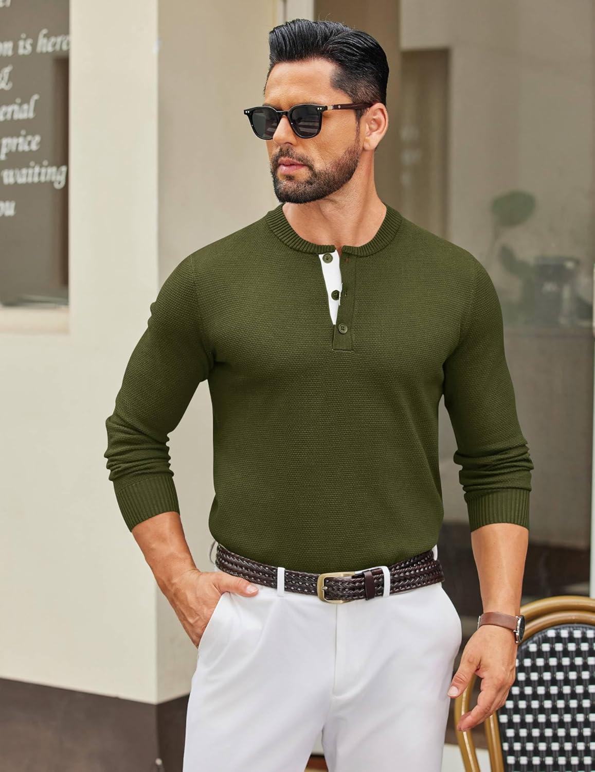 imageCOOFANDY Mens Henley Sweater Long Sleeve Textured Pullover Sweaters Casual Button Crewneck Knit SweaterArmy Green