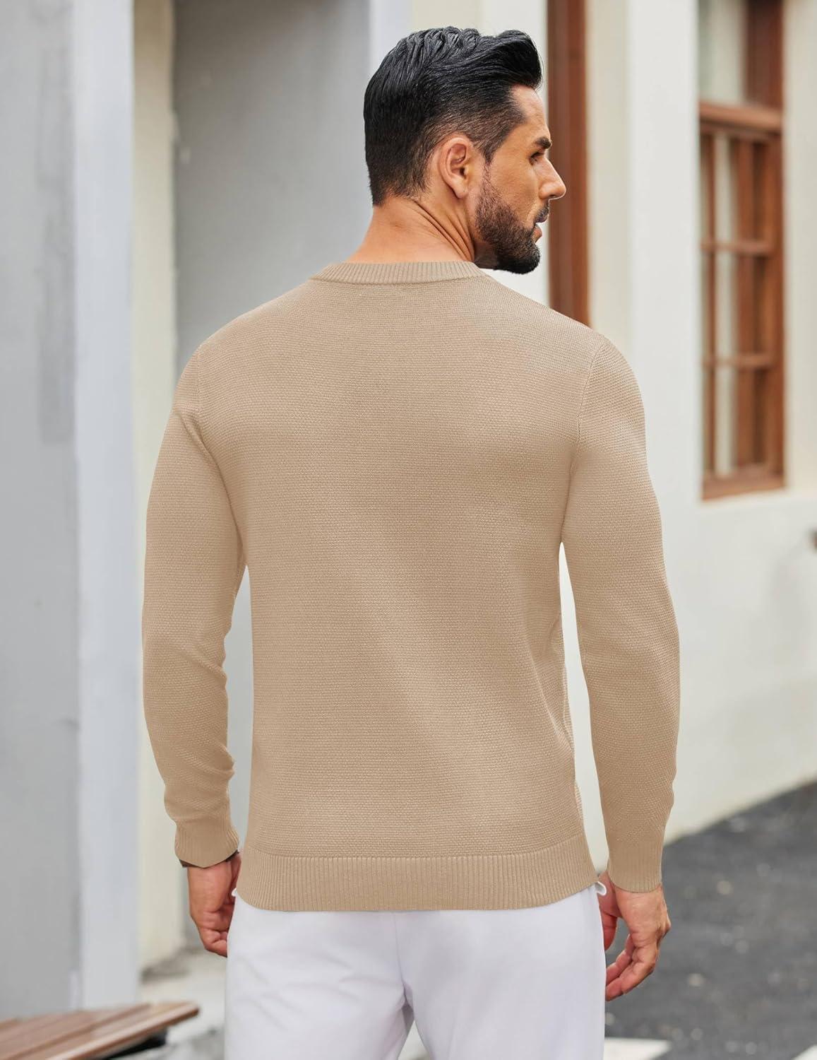 imageCOOFANDY Mens Henley Sweater Long Sleeve Textured Pullover Sweaters Casual Button Crewneck Knit SweaterBeige