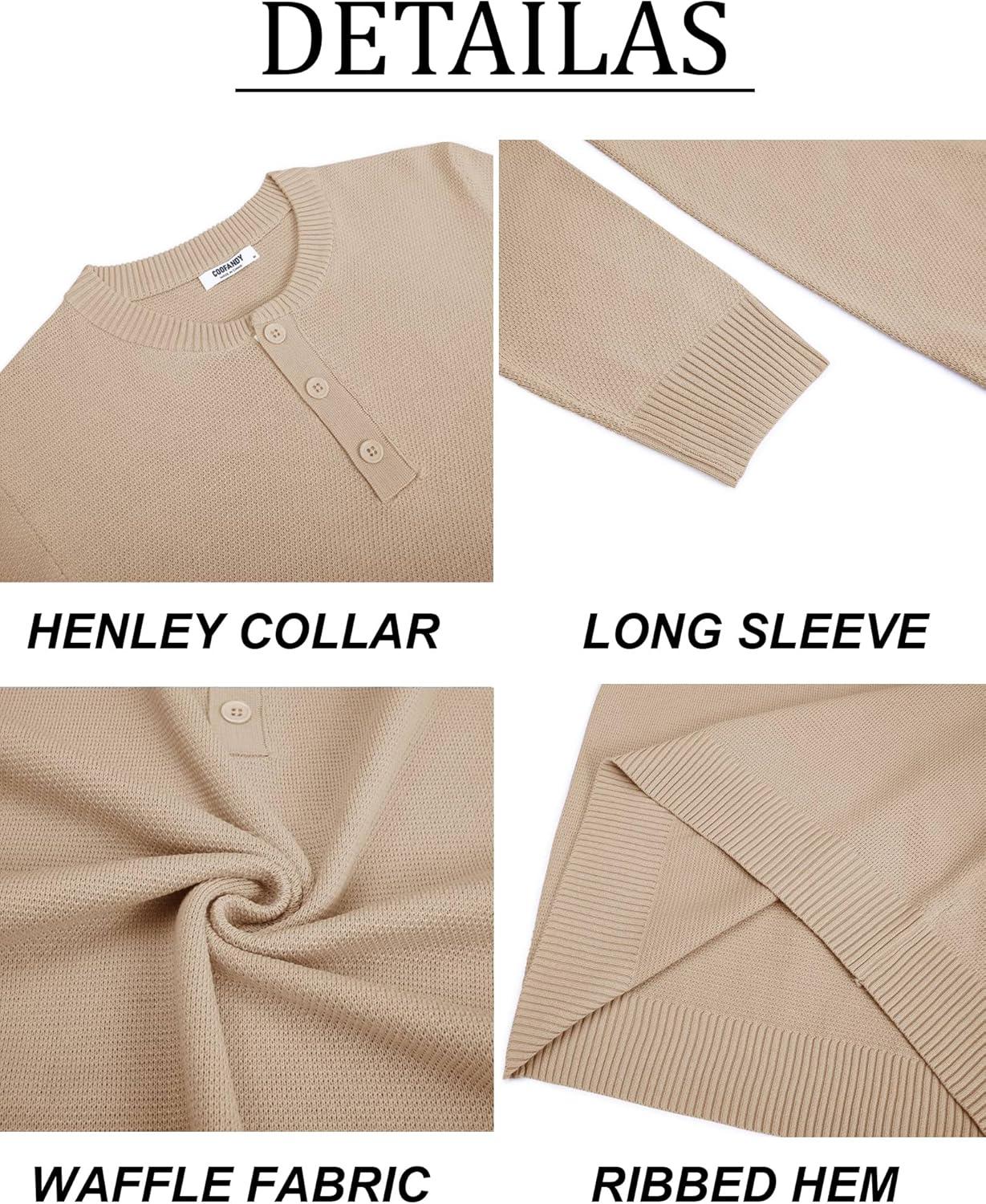 imageCOOFANDY Mens Henley Sweater Long Sleeve Textured Pullover Sweaters Casual Button Crewneck Knit SweaterBeige