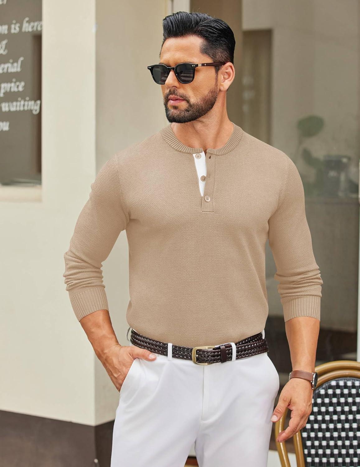 imageCOOFANDY Mens Henley Sweater Long Sleeve Textured Pullover Sweaters Casual Button Crewneck Knit SweaterBeige