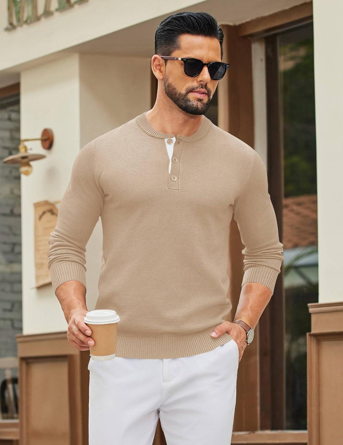imageCOOFANDY Mens Henley Sweater Long Sleeve Textured Pullover Sweaters Casual Button Crewneck Knit SweaterBeige
