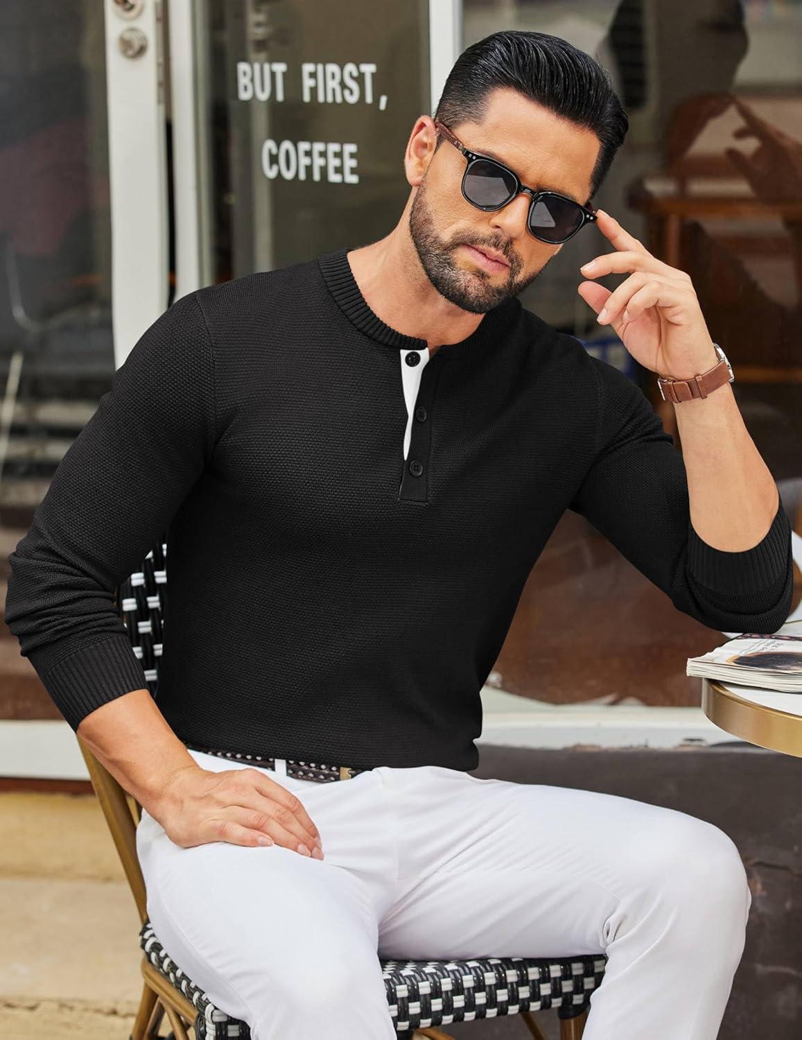 imageCOOFANDY Mens Henley Sweater Long Sleeve Textured Pullover Sweaters Casual Button Crewneck Knit SweaterBlack