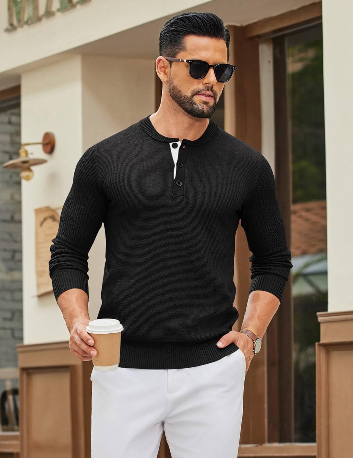 imageCOOFANDY Mens Henley Sweater Long Sleeve Textured Pullover Sweaters Casual Button Crewneck Knit SweaterBlack
